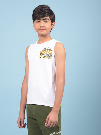 White Graphic Print Sleeveless T-Shirt-Boys T-Shirts-Crimsoune Club