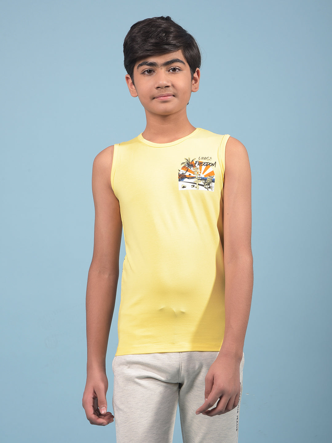 Yellow Graphic Print Sleeveless T-Shirt-Boys T-Shirts-Crimsoune Club