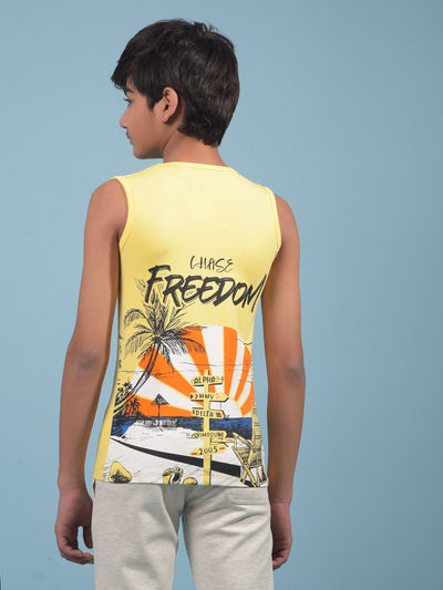 Yellow Graphic Print Sleeveless T-Shirt-Boys T-Shirts-Crimsoune Club