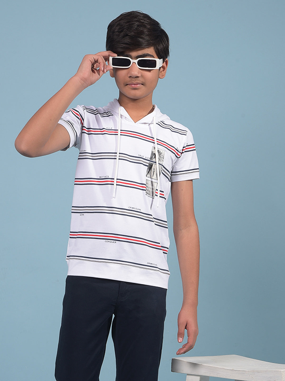 White Horizontal Stripes Hooded Neck T-Shirt-Boys T-Shirts-Crimsoune Club