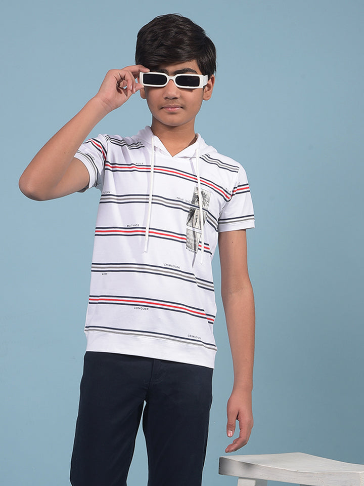 White Horizontal Stripes Hooded Neck T-Shirt-Boys T-Shirts-Crimsoune Club