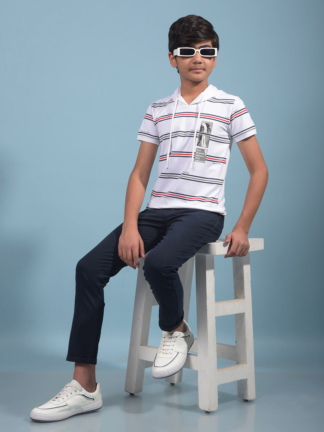White Horizontal Stripes Hooded Neck T-Shirt-Boys T-Shirts-Crimsoune Club