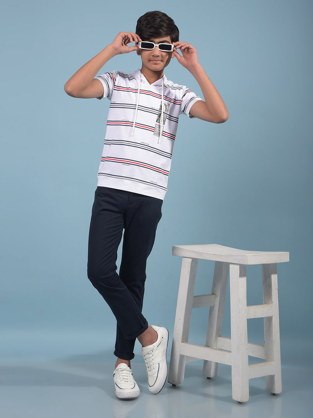 White Horizontal Stripes Hooded Neck T-Shirt-Boys T-Shirts-Crimsoune Club