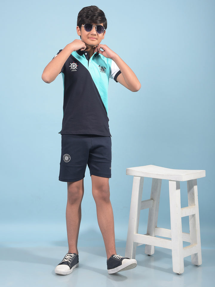 Blue Color-Blocked Polo-Neck T-Shirt-Boys T-Shirts-Crimsoune Club