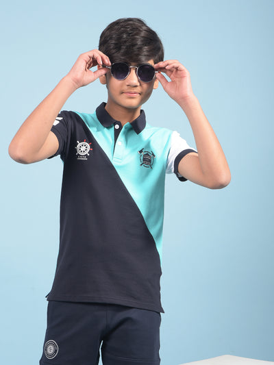 Blue Color-Blocked Polo-Neck T-Shirt-Boys T-Shirts-Crimsoune Club