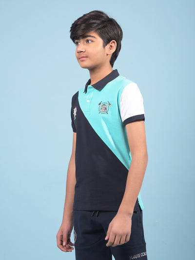 Blue Color-Blocked Polo-Neck T-Shirt-Boys T-Shirts-Crimsoune Club