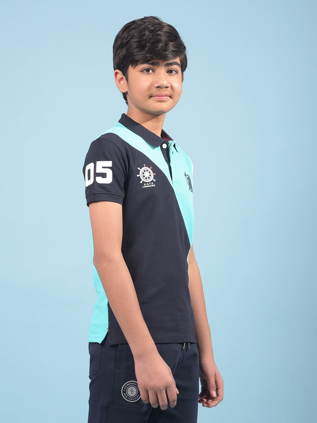 Blue Color-Blocked Polo-Neck T-Shirt-Boys T-Shirts-Crimsoune Club