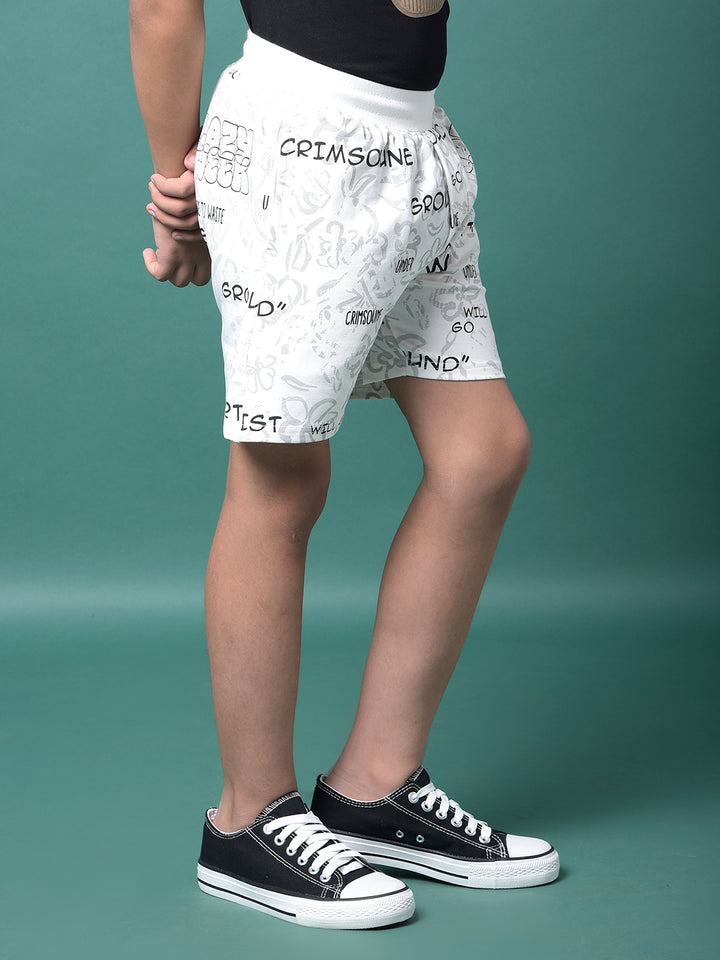 White Typographic Print Shorts-Boys Shorts-Crimsoune Club