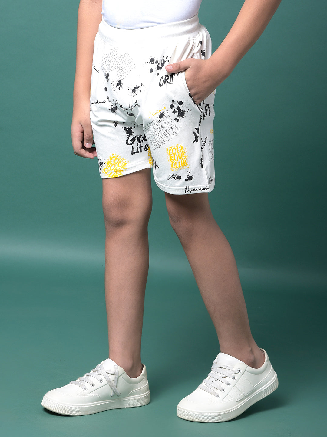 White Typographic Print Shorts-Boys Shorts-Crimsoune Club