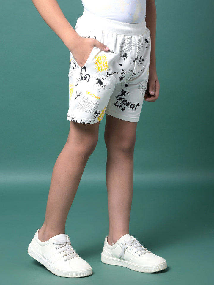 White Typographic Print Shorts-Boys Shorts-Crimsoune Club