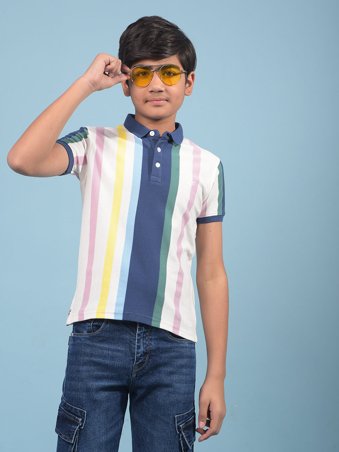 Multi-Color Vertical Stripes 100% Cotton Polo-Neck T-Shirt-Boys T-Shirts-Crimsoune Club