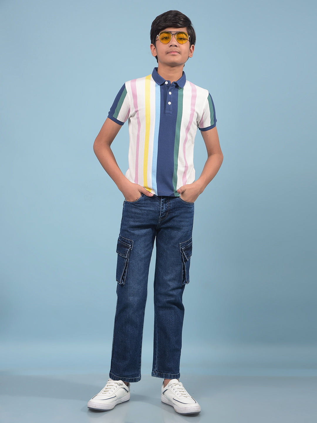 Multi-Color Vertical Stripes 100% Cotton Polo-Neck T-Shirt-Boys T-Shirts-Crimsoune Club