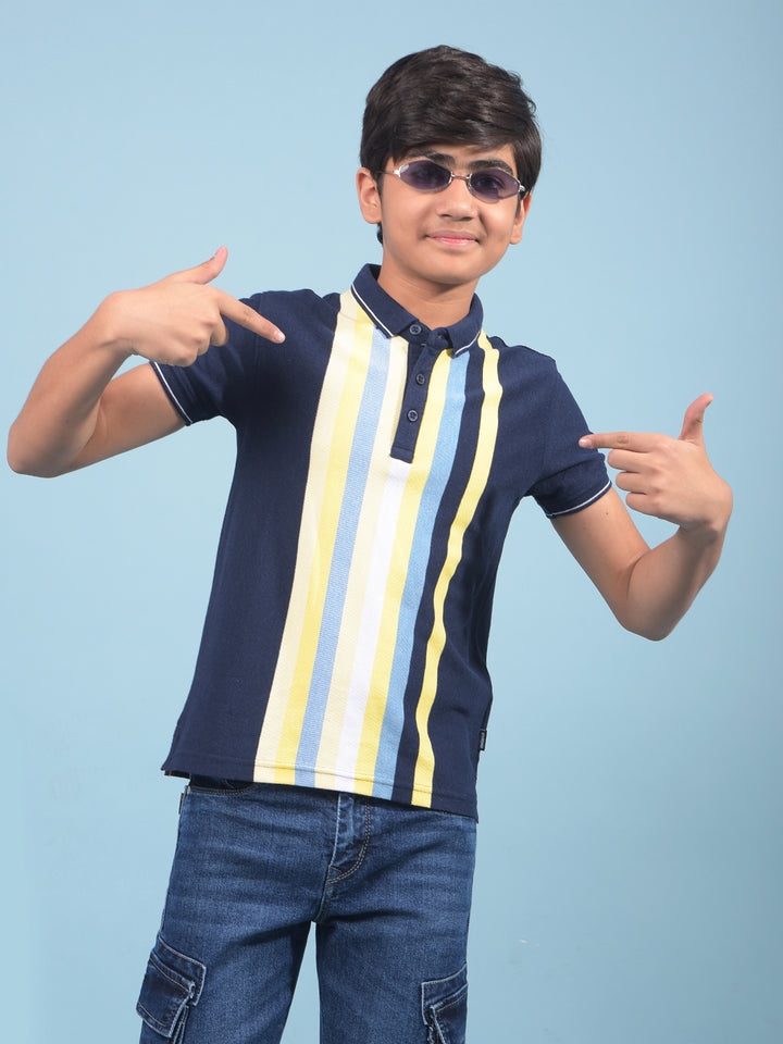 Navy Blue Vertical Stripes Polo-Neck T-Shirt-Boys T-Shirts-Crimsoune Club