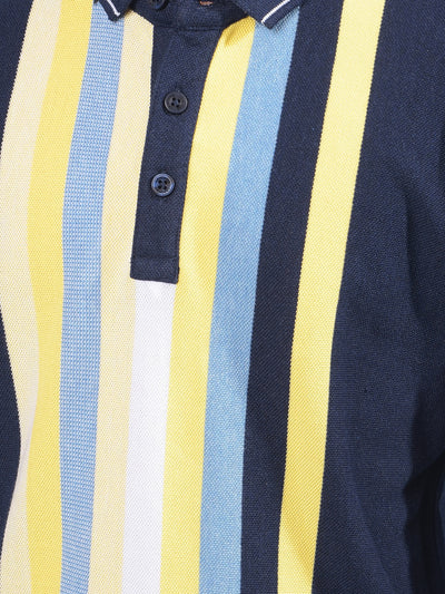 Navy Blue Vertical Stripes Polo-Neck T-Shirt-Boys T-Shirts-Crimsoune Club