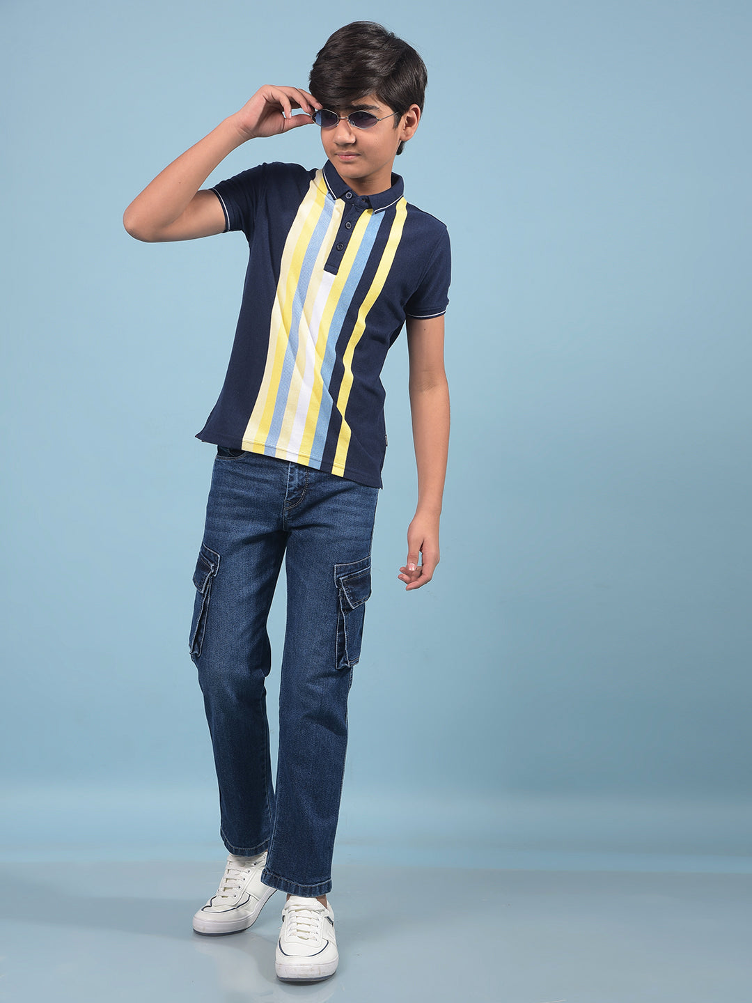 Navy Blue Vertical Stripes Polo-Neck T-Shirt-Boys T-Shirts-Crimsoune Club