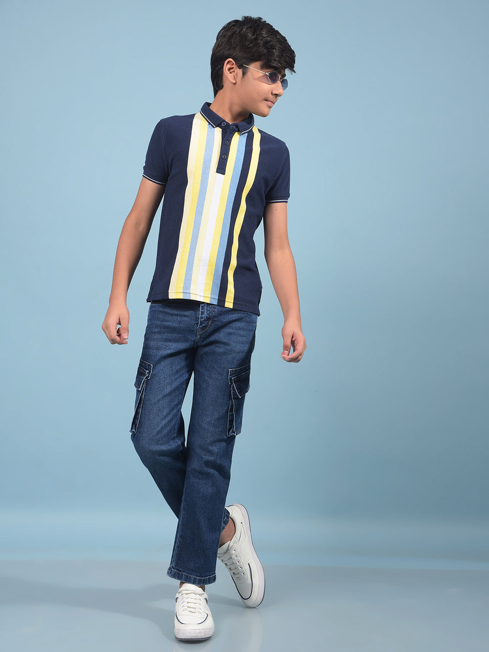 Navy Blue Vertical Stripes Polo-Neck T-Shirt-Boys T-Shirts-Crimsoune Club