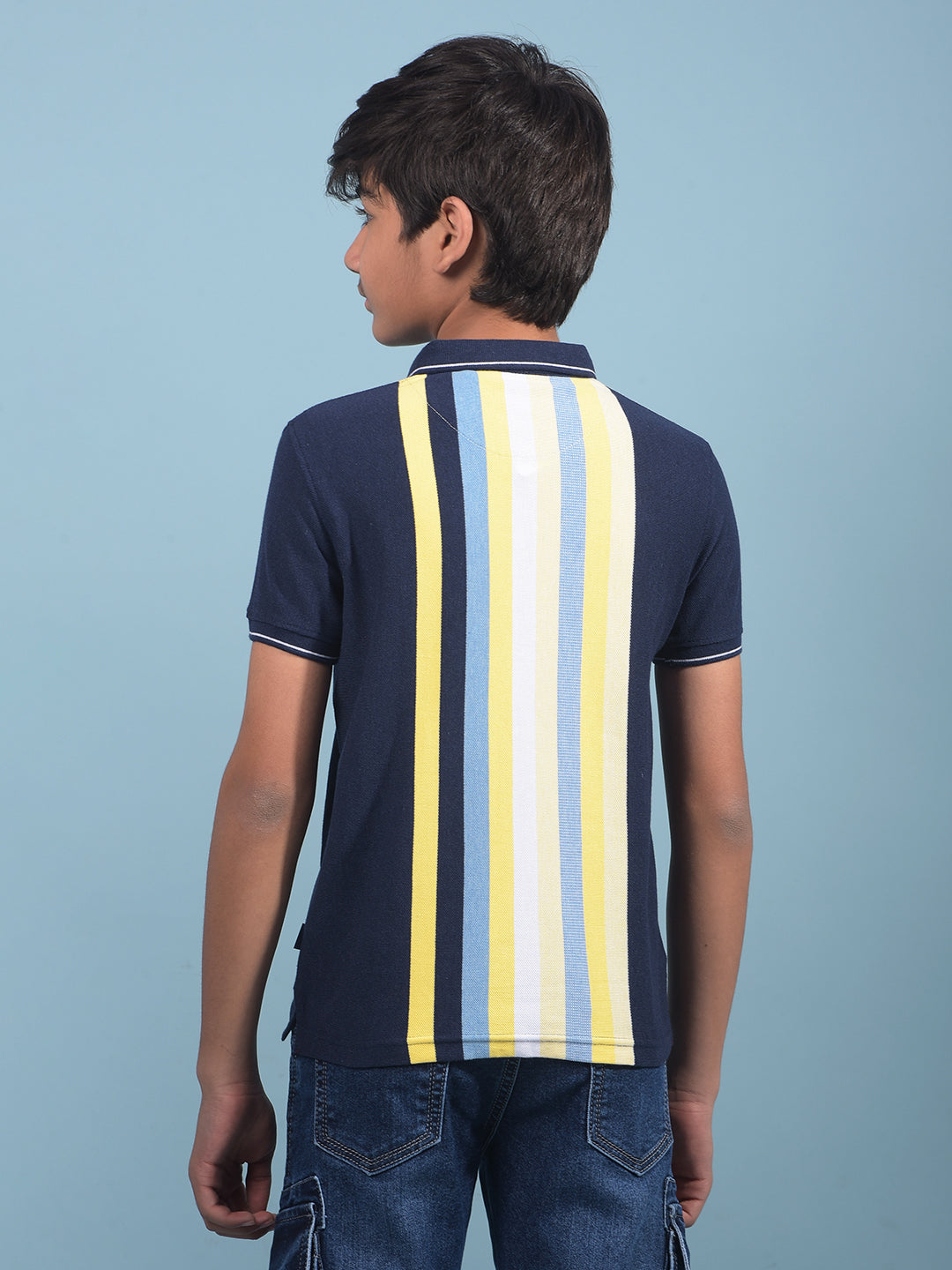 Navy Blue Vertical Stripes Polo-Neck T-Shirt-Boys T-Shirts-Crimsoune Club