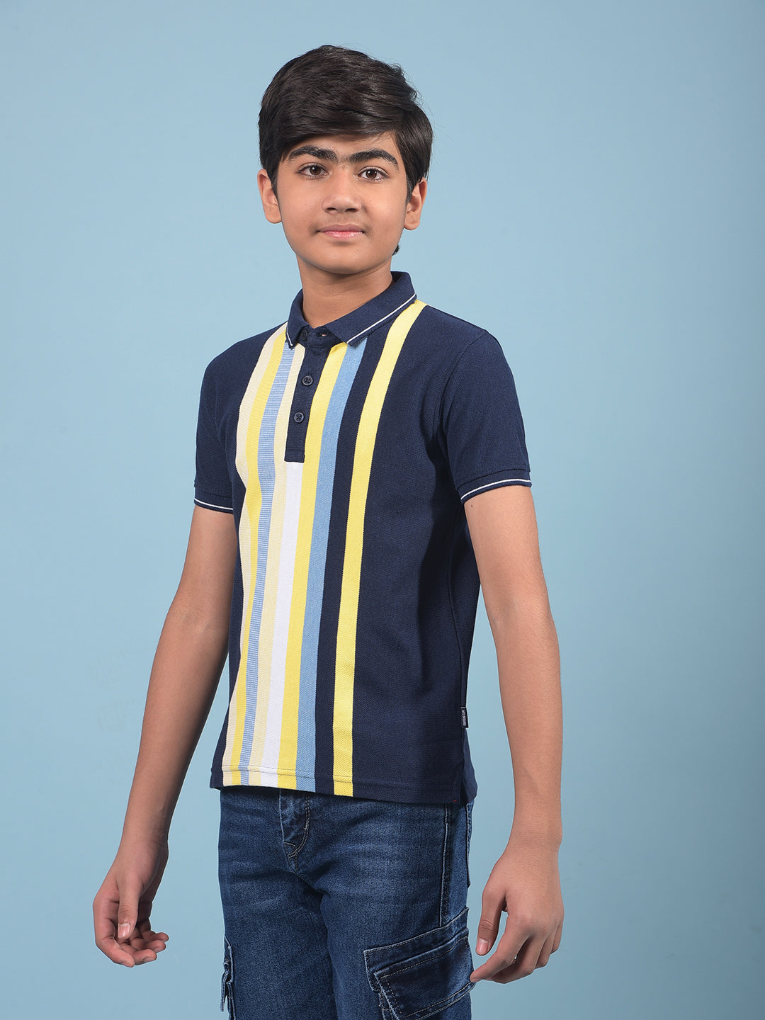 Navy Blue Vertical Stripes Polo-Neck T-Shirt-Boys T-Shirts-Crimsoune Club