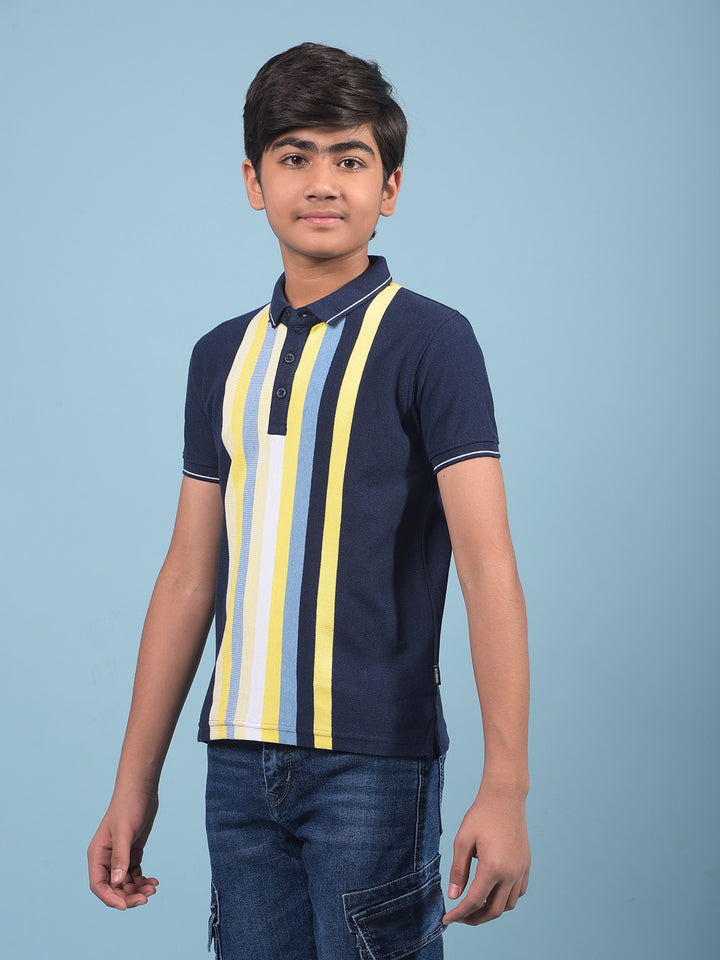 Navy Blue Vertical Stripes Polo-Neck T-Shirt-Boys T-Shirts-Crimsoune Club