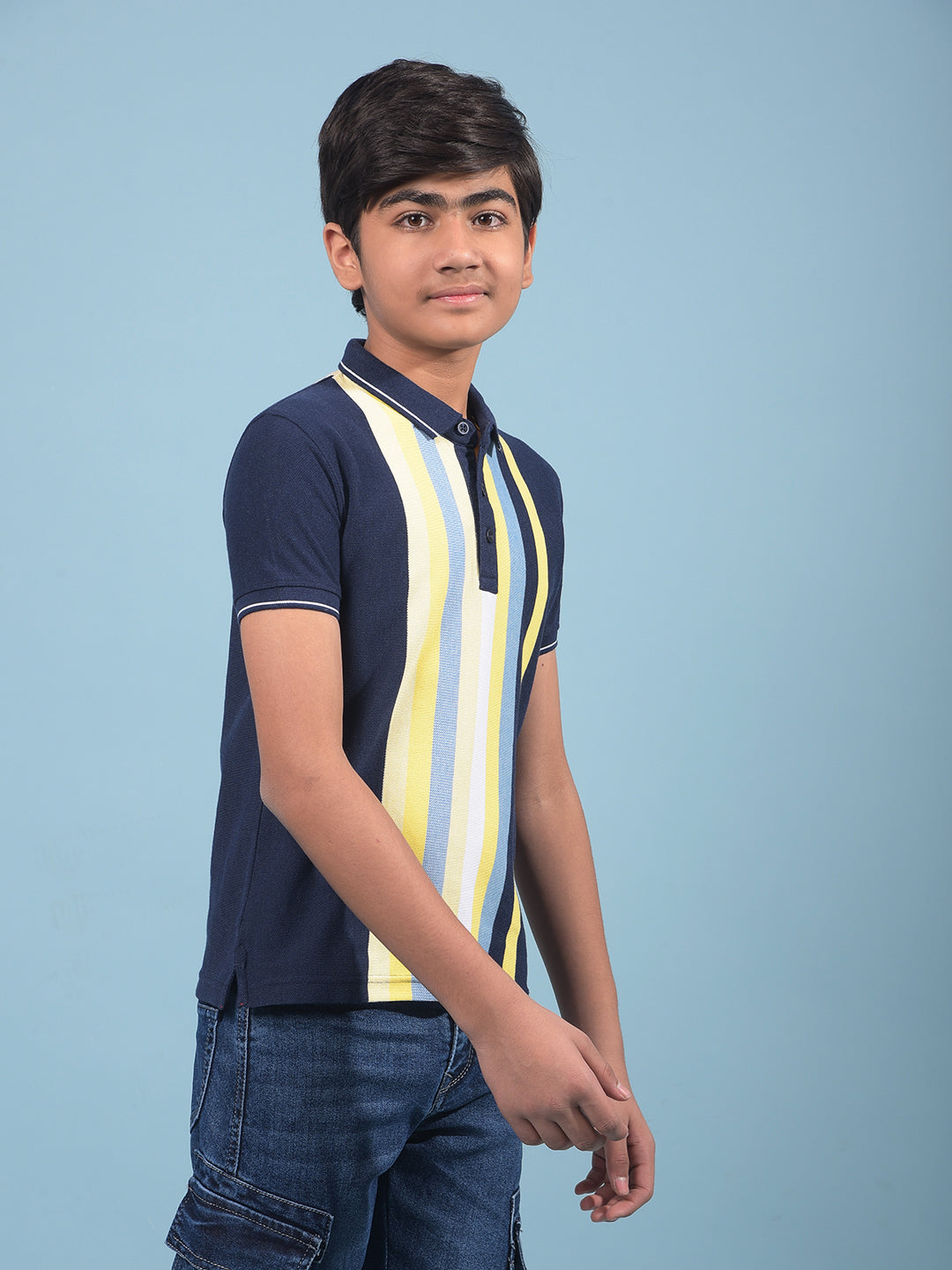 Navy Blue Vertical Stripes Polo-Neck T-Shirt-Boys T-Shirts-Crimsoune Club