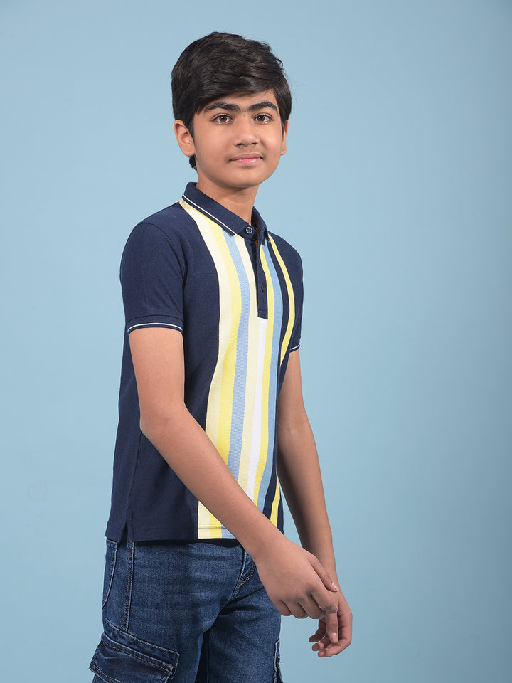 Navy Blue Vertical Stripes Polo-Neck T-Shirt-Boys T-Shirts-Crimsoune Club