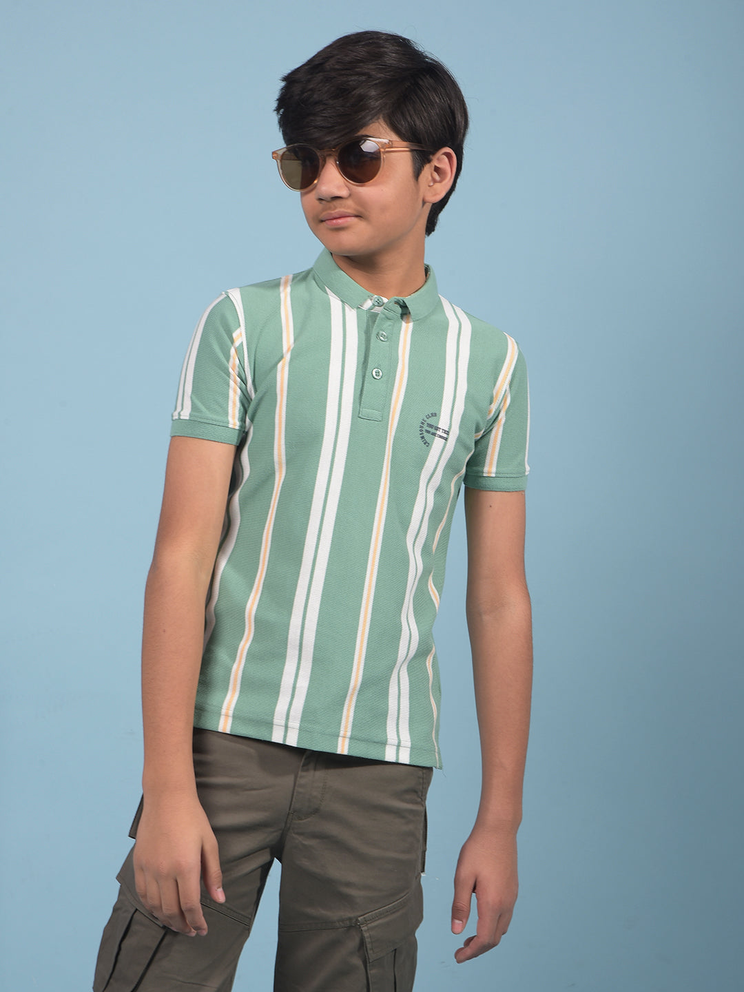 Green Vertical Stripes Polo-Neck T-Shirt-Boys T-Shirts-Crimsoune Club