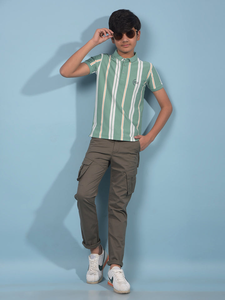 Green Vertical Stripes Polo-Neck T-Shirt-Boys T-Shirts-Crimsoune Club