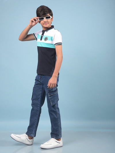 Navy Blue Color-Blocked Polo-Neck T-Shirt-Boys T-Shirts-Crimsoune Club
