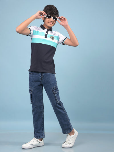Navy Blue Color-Blocked Polo-Neck T-Shirt-Boys T-Shirts-Crimsoune Club