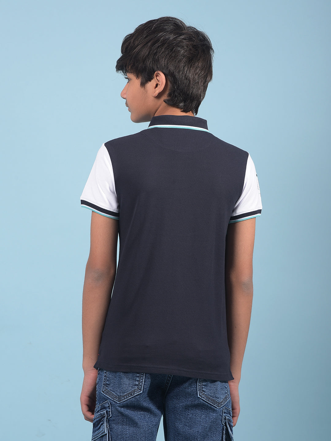 Navy Blue Color-Blocked Polo-Neck T-Shirt-Boys T-Shirts-Crimsoune Club