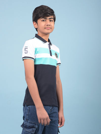 Navy Blue Color-Blocked Polo-Neck T-Shirt-Boys T-Shirts-Crimsoune Club