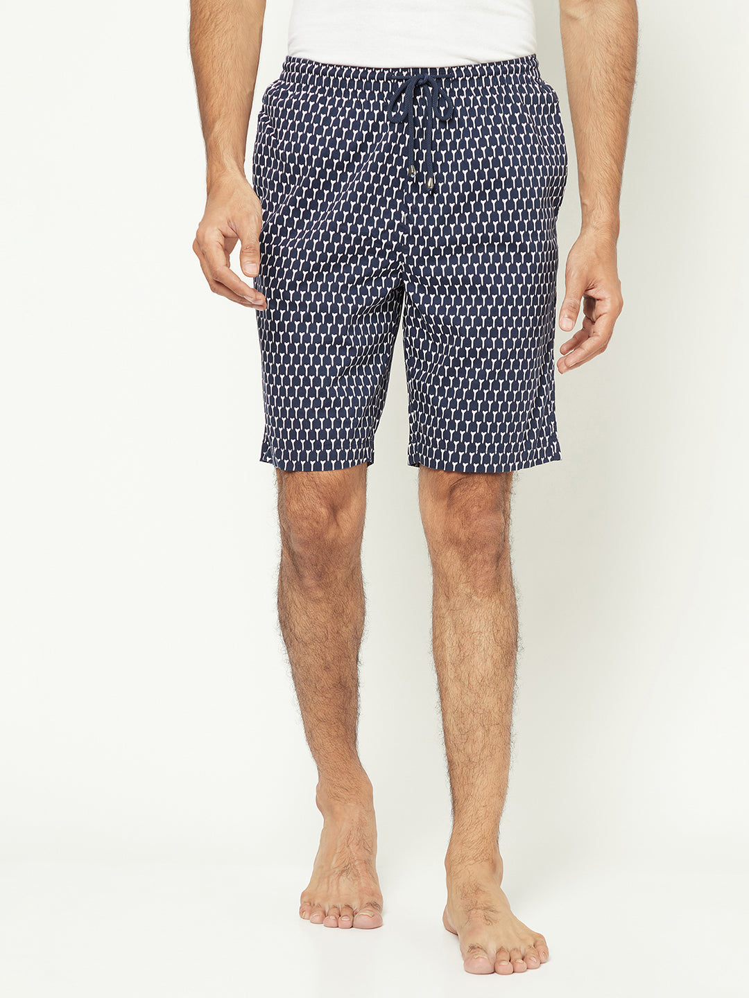 Navy Geo Print Drawstring Shorts-Men Shorts-Crimsoune Club