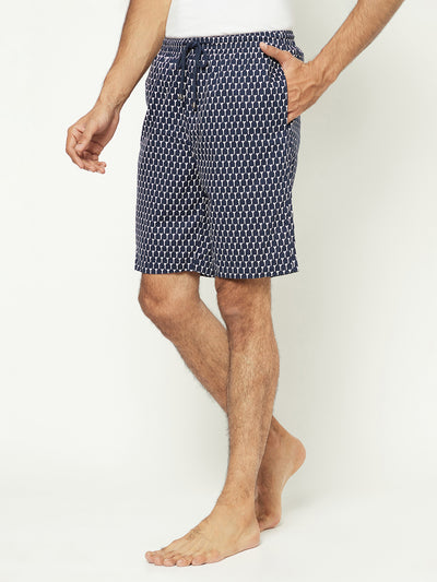 Navy Geo Print Drawstring Shorts-Men Shorts-Crimsoune Club