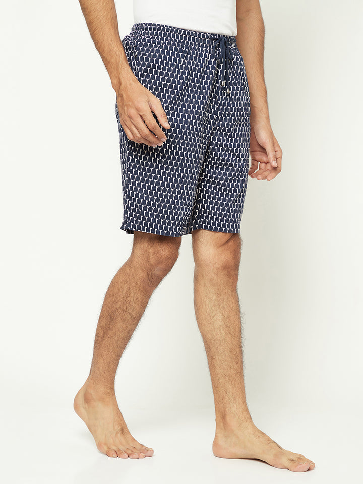 Navy Geo Print Drawstring Shorts-Men Shorts-Crimsoune Club