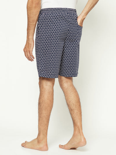 Navy Geo Print Drawstring Shorts-Men Shorts-Crimsoune Club
