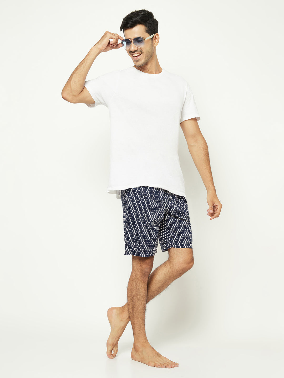 Navy Geo Print Drawstring Shorts-Men Shorts-Crimsoune Club