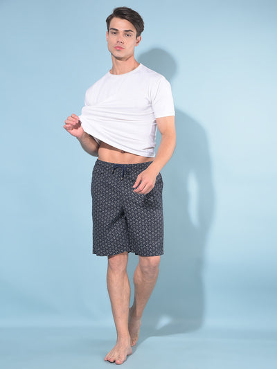 Navy Blue Printed 100% Cotton Lounge Shorts-Men Lounge Shorts-Crimsoune Club