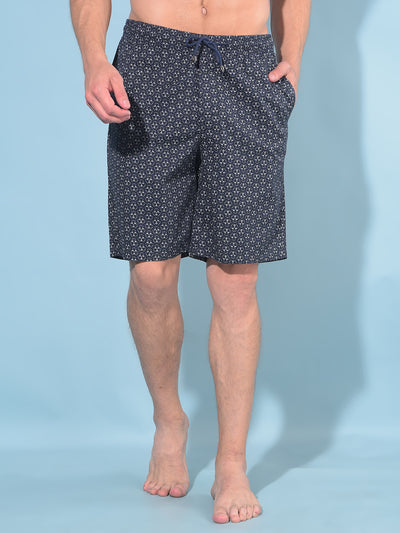 Navy Blue Printed 100% Cotton Lounge Shorts-Men Lounge Shorts-Crimsoune Club