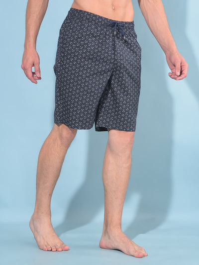 Navy Blue Printed 100% Cotton Lounge Shorts-Men Lounge Shorts-Crimsoune Club