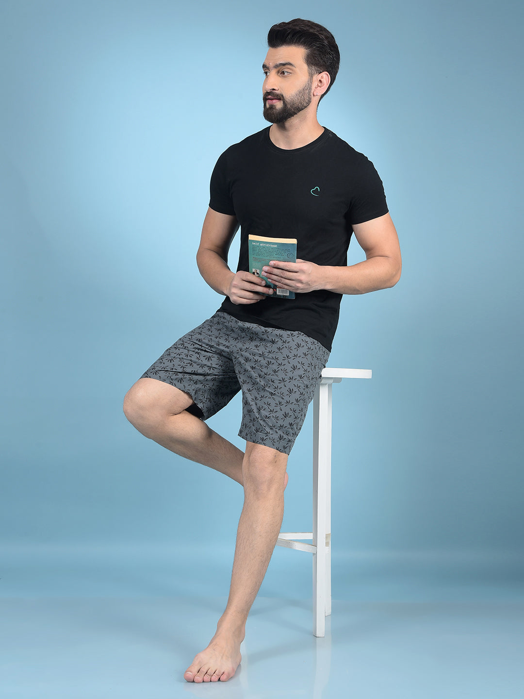 Grey Floral Print 100% Cotton Lounge Shorts-Men Lounge Shorts-Crimsoune Club