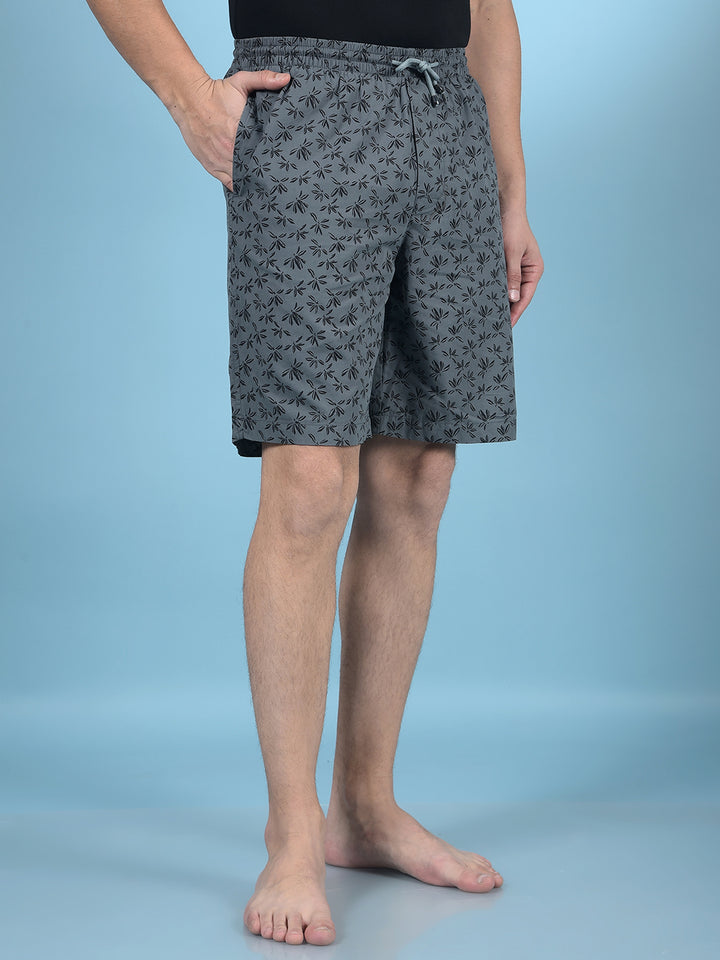 Grey Floral Print 100% Cotton Lounge Shorts-Men Lounge Shorts-Crimsoune Club