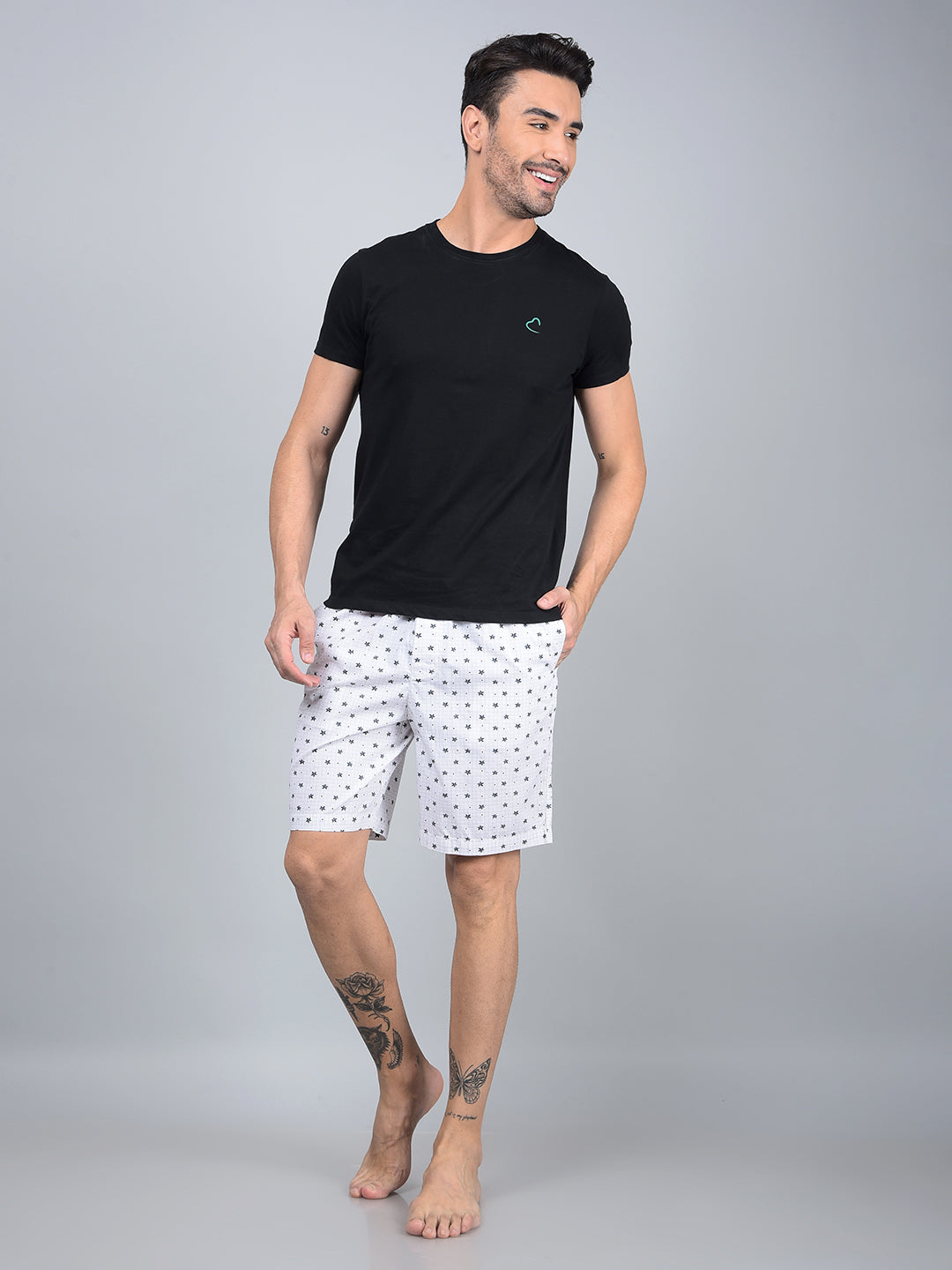 White Floral Print 100% Cotton Lounge Shorts-Men Lounge Shorts-Crimsoune Club