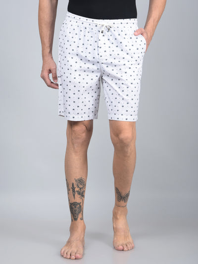 White Floral Print 100% Cotton Lounge Shorts-Men Lounge Shorts-Crimsoune Club