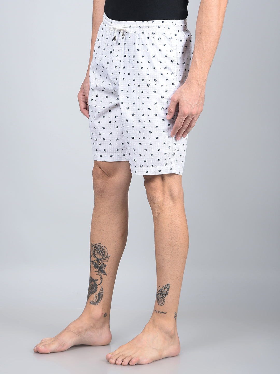 White Floral Print 100% Cotton Lounge Shorts-Men Lounge Shorts-Crimsoune Club