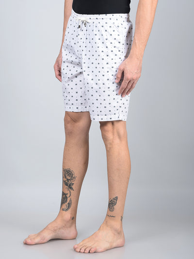 White Floral Print 100% Cotton Lounge Shorts-Men Lounge Shorts-Crimsoune Club