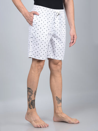 White Floral Print 100% Cotton Lounge Shorts-Men Lounge Shorts-Crimsoune Club