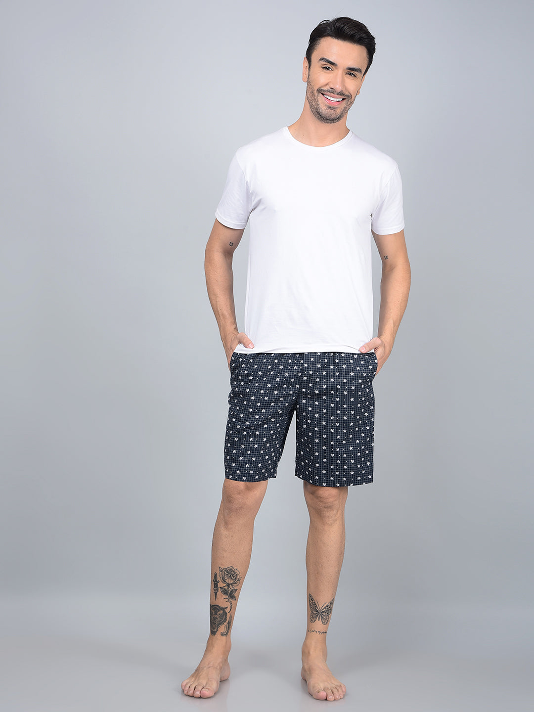 Navy Blue Floral Print 100% Cotton Lounge Shorts-Men Lounge Shorts-Crimsoune Club