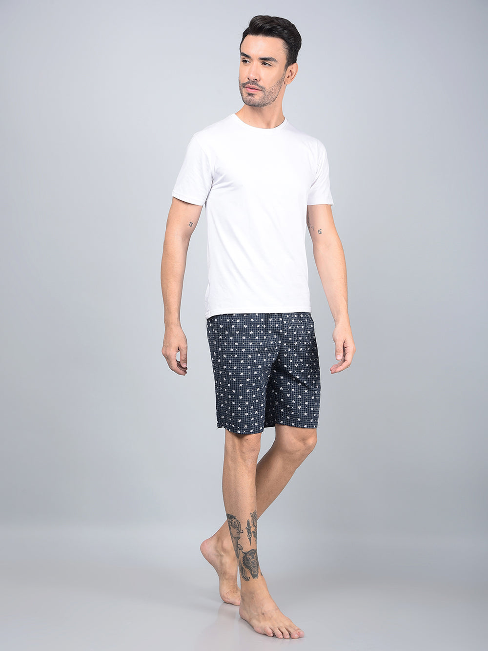 Navy Blue Floral Print 100% Cotton Lounge Shorts-Men Lounge Shorts-Crimsoune Club