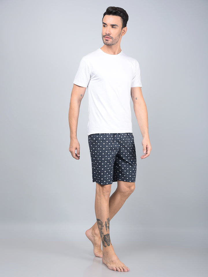 Navy Blue Floral Print 100% Cotton Lounge Shorts-Men Lounge Shorts-Crimsoune Club