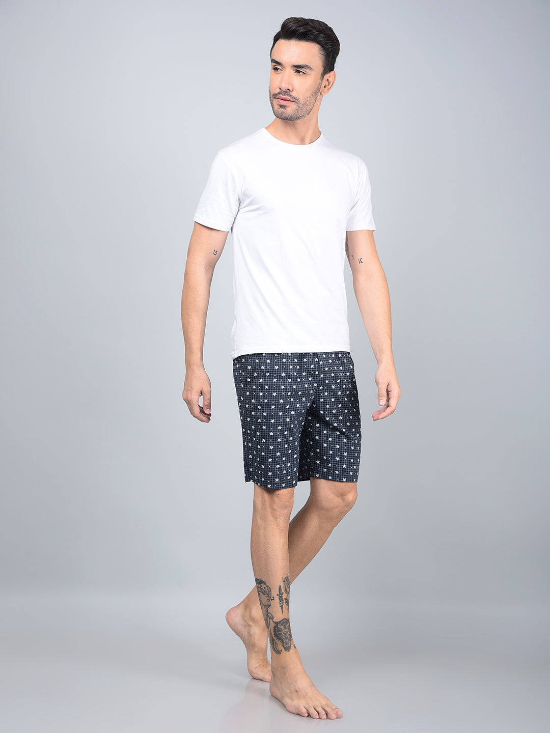 Navy Blue Floral Print 100% Cotton Lounge Shorts-Men Lounge Shorts-Crimsoune Club